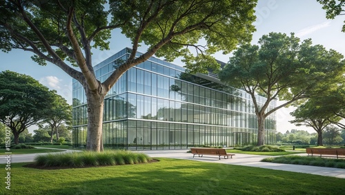 Modern glass office building with big trees around to reduce heat and carbon dioxide. Eco-friendly building and CO2 reduction corporate building. Sustainability 