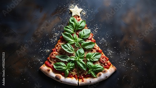 Christmas tree shaped pizza decorated with basil on dark background