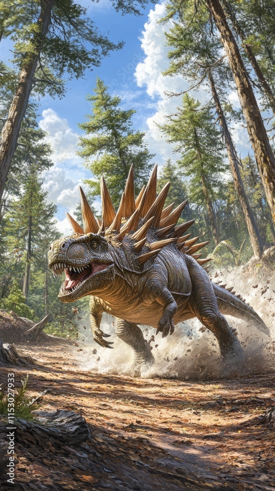 A dinosaur with spiky features running through a forested landscape. A dinosaur with spiky features running through a forested landscape.