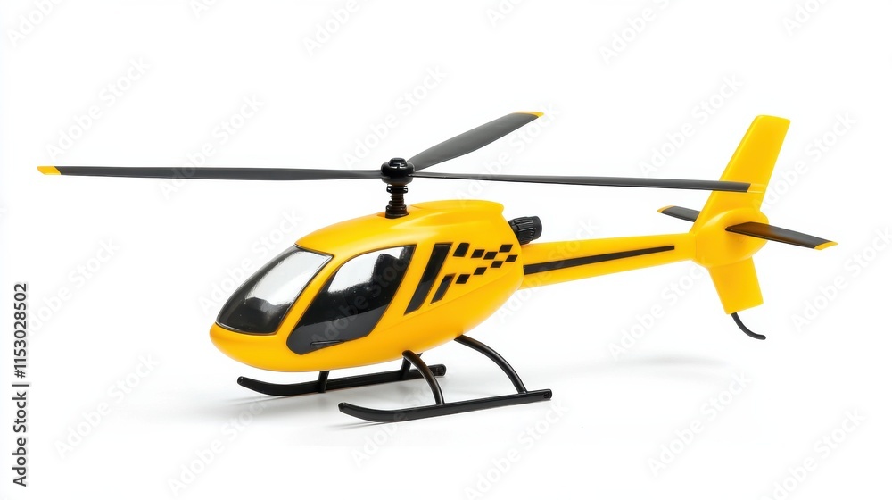 Fototapeta premium Yellow Toy Helicopter Model Flying Over Urban City Skyline