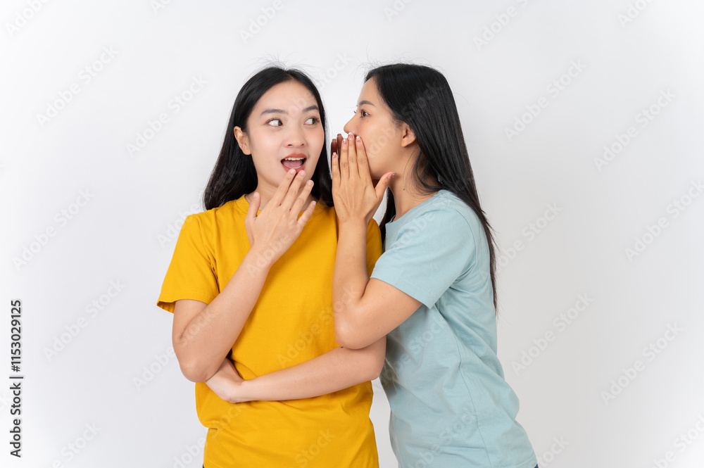 Naklejka premium Two Asian female friends whispering a gossip secret to each other, with one amazed by the story.