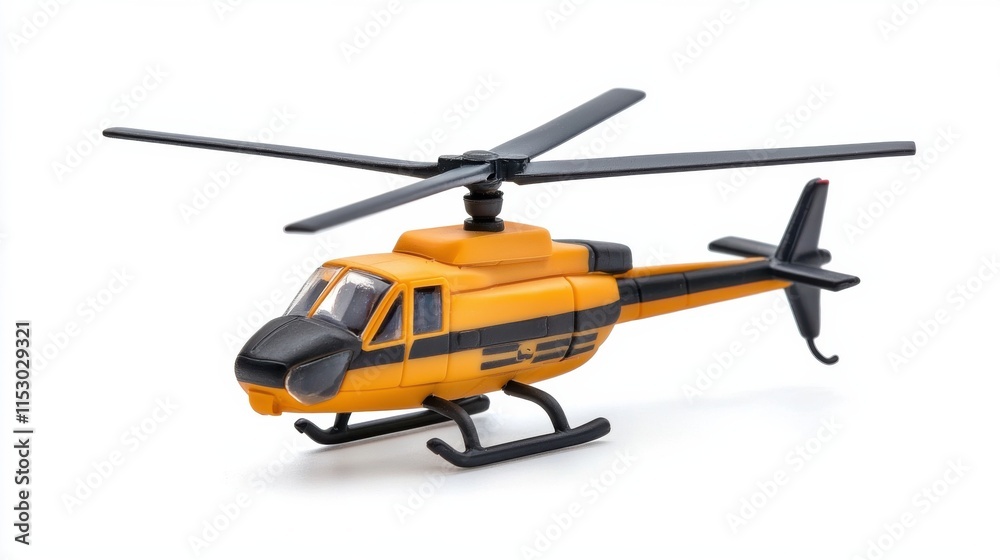 Fototapeta premium Scale Model Orange Toy Helicopter Aircraft with Rotors and Wings for Aviation and Technology