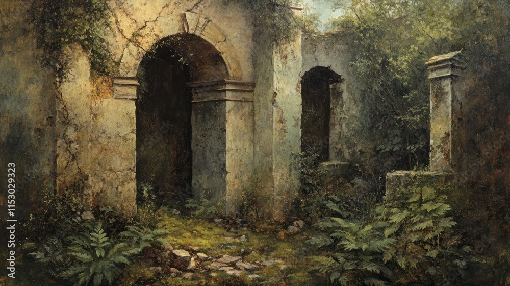 Fototapeta premium A serene depiction of ancient ruins overgrown with lush vegetation.