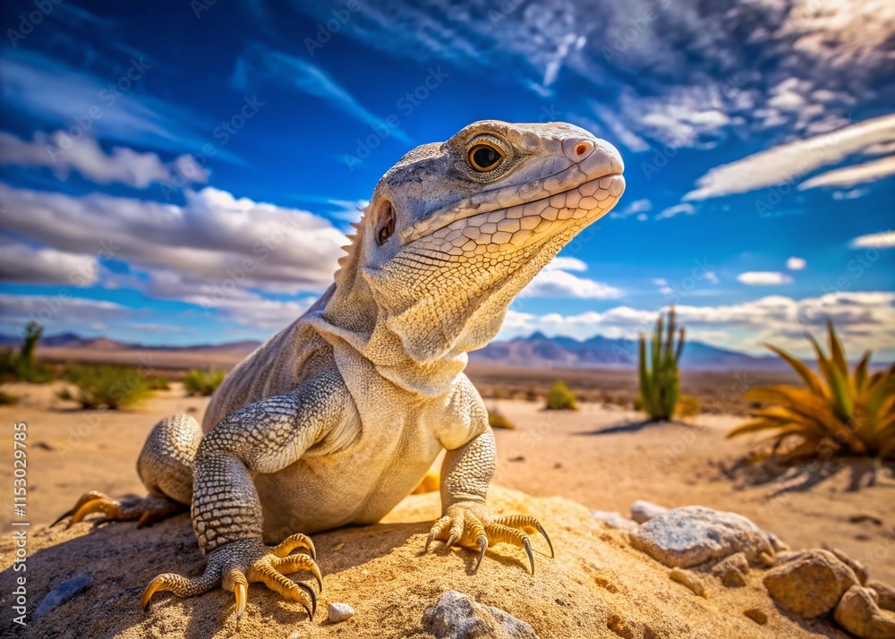 Fototapeta premium California Desert Iguana Aerial View: White and Brown Reptile in Arid Landscape