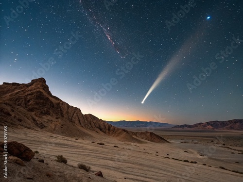 California Desert Comet Night Sky Astrophotography Stock Photo photo