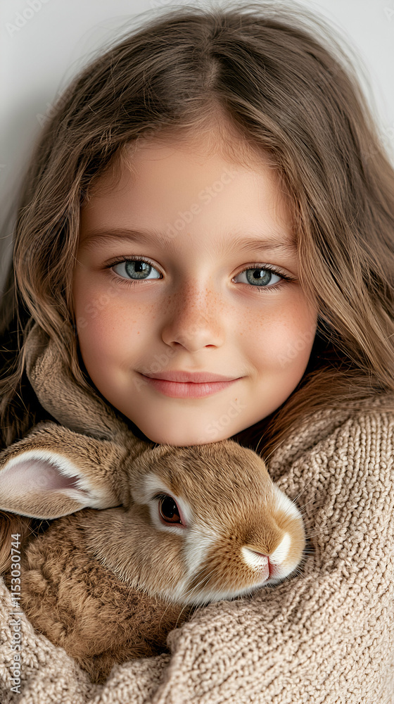 Adorable Girl Gently Holds a Brown Bunny; Close-Up Portrait of Child and Pet, Showing Affection and Warmth. Adorable Girl Gently Holds a Brown Bunny; Close-Up Portrait of Child and Pet, Showing Affection and Warmth.