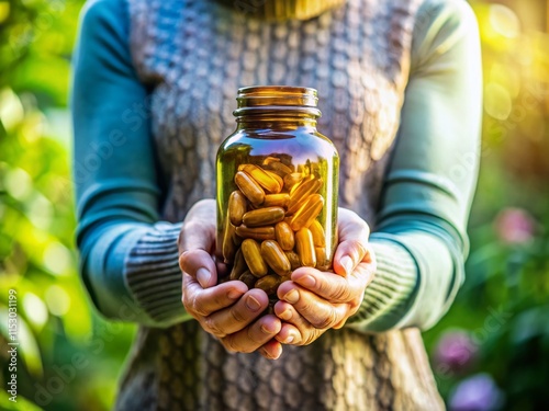 Candid Photo: Hands Holding Magnesium Supplement Bottle, Healthy Lifestyle, Natural Remedy photo