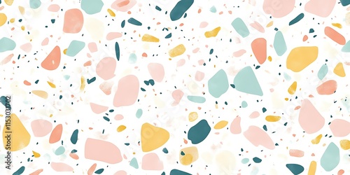 Abstract terrazzo pattern with pastel colors and white background.