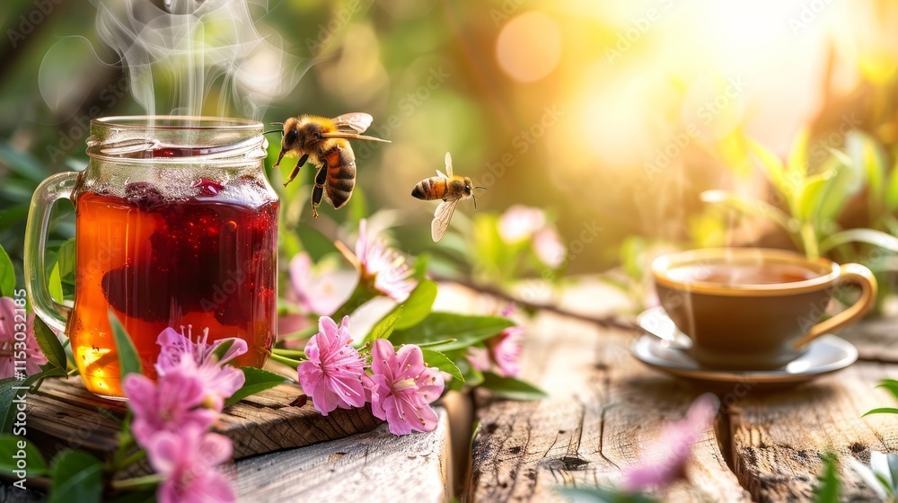 Steaming Berry Tea on a Rustic Table with Bees in Summer Garden, Backlit by Golden Sunlight. Steaming Berry Tea on a Rustic Table with Bees in Summer Garden, Backlit by Golden Sunlight.