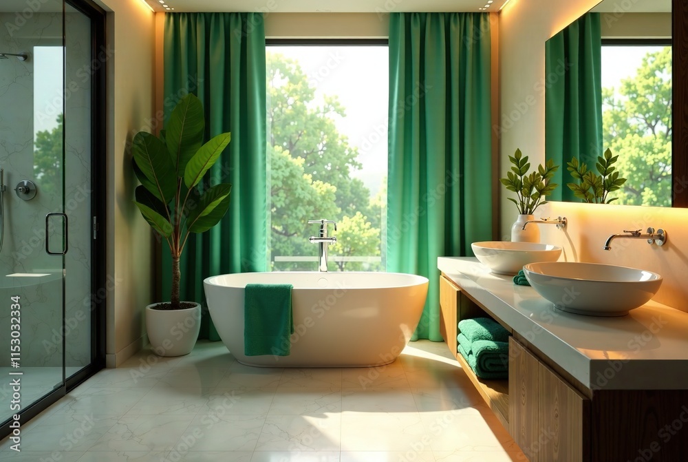Fototapeta premium Luxurious Green Towel Bathroom, Modern, Depth, Mood