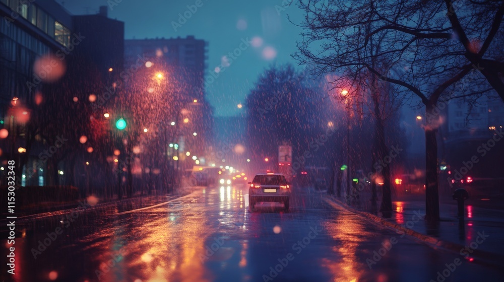 Naklejka premium Rainy night in the city with glowing streetlights reflecting in puddles.