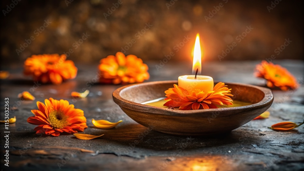 Candlelight & Orange Blooms: A Dark, Moody Still Life Stock Photo Candlelight & Orange Blooms: A Dark, Moody Still Life Stock Photo