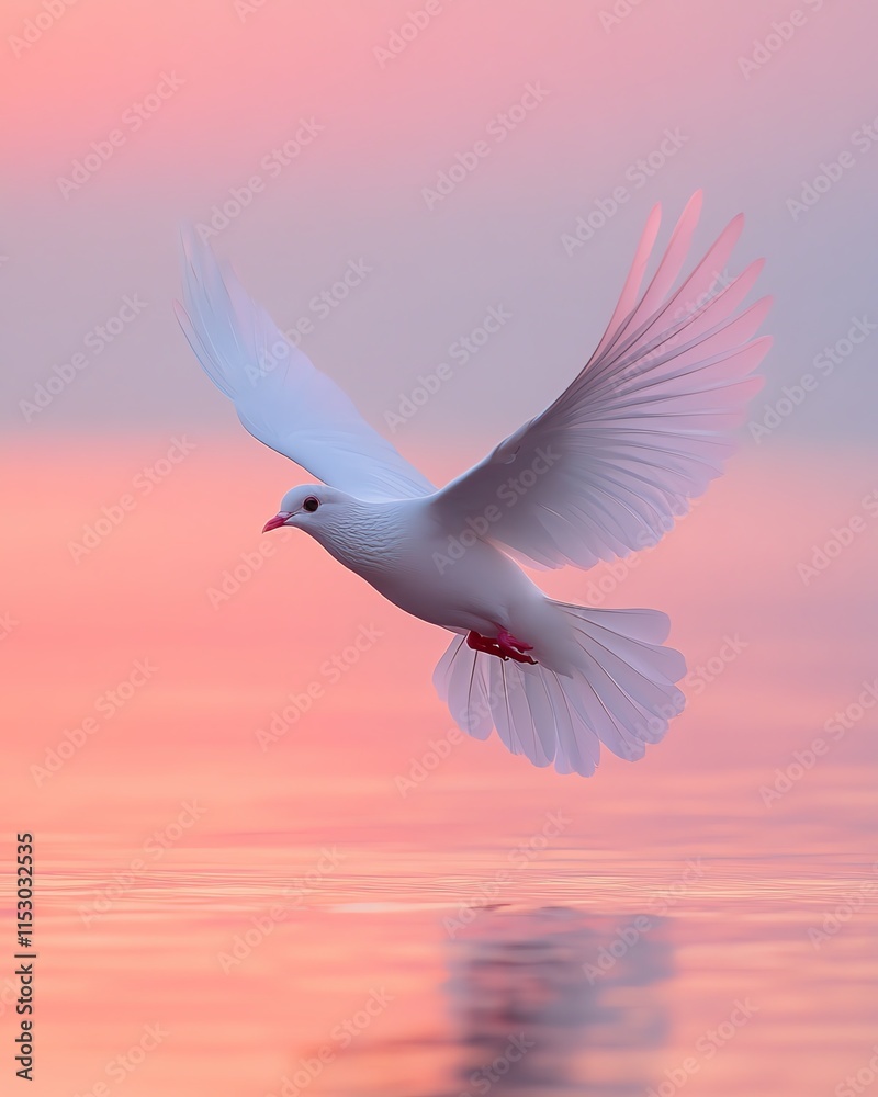 Obraz premium A serene dove soaring gracefully above calm water at sunrise, soft pastel skies reflecting in the water below, peaceful and tranquil atmosphere