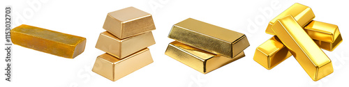 Set of gold bars stacked neatly, isolated on a transparent background.