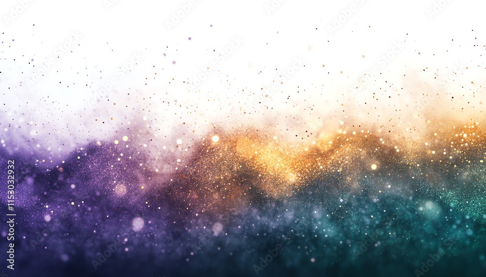Obraz premium A soft, glowing bokeh glitter texture with sparkling lights in shades of emerald green, lavender, and gold, creating an enchanting effect, isolated on white