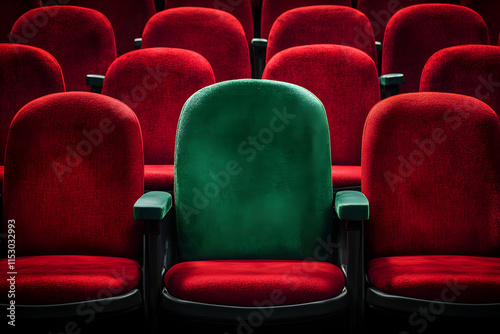Cinema Seating, A Single Green Chair Among Red Seats