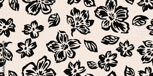 Hand drawn minimal abstract flowers. Seamless patterns with organic shapes black and white color for fabric, textiles, clothing, wallpaper, cover, banner, home decor, florals backgrounds.