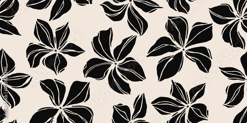 Hand drawn minimal abstract flowers. Seamless patterns with organic shapes black and white color for fabric, textiles, clothing, wallpaper, cover, banner, home decor, florals backgrounds.