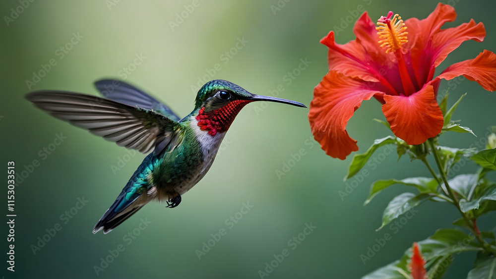 Fototapeta premium A vivid green and blue hummingbird in mid-flight, its wings blurred to capture motion as it hovers near a bright red hibiscus flower, with a softly blurred tropical background, ultra-realistic