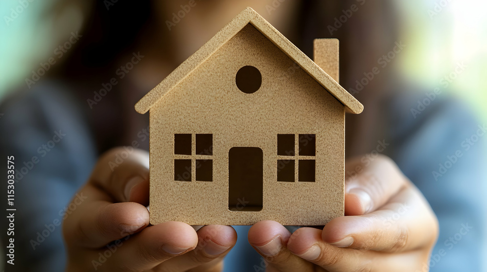 Person Holding a Miniature Wooden House, Symbol of Homeownership and Real Estate Person Holding a Miniature Wooden House, Symbol of Homeownership and Real Estate