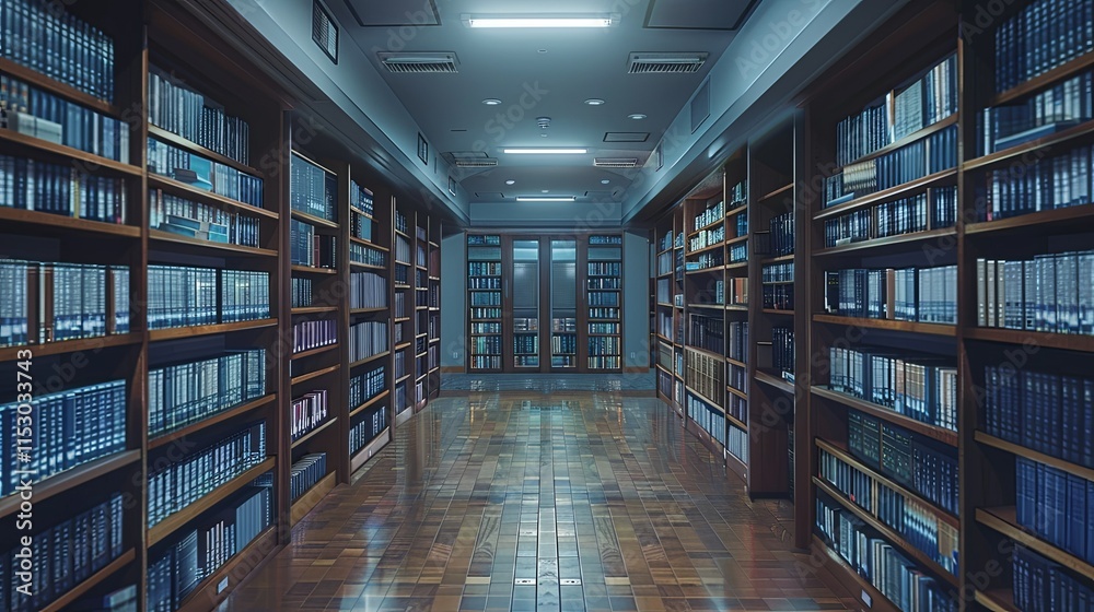 Long, dimly lit library corridor lined with towering bookshelves filled with numerous books. Long, dimly lit library corridor lined with towering bookshelves filled with numerous books.