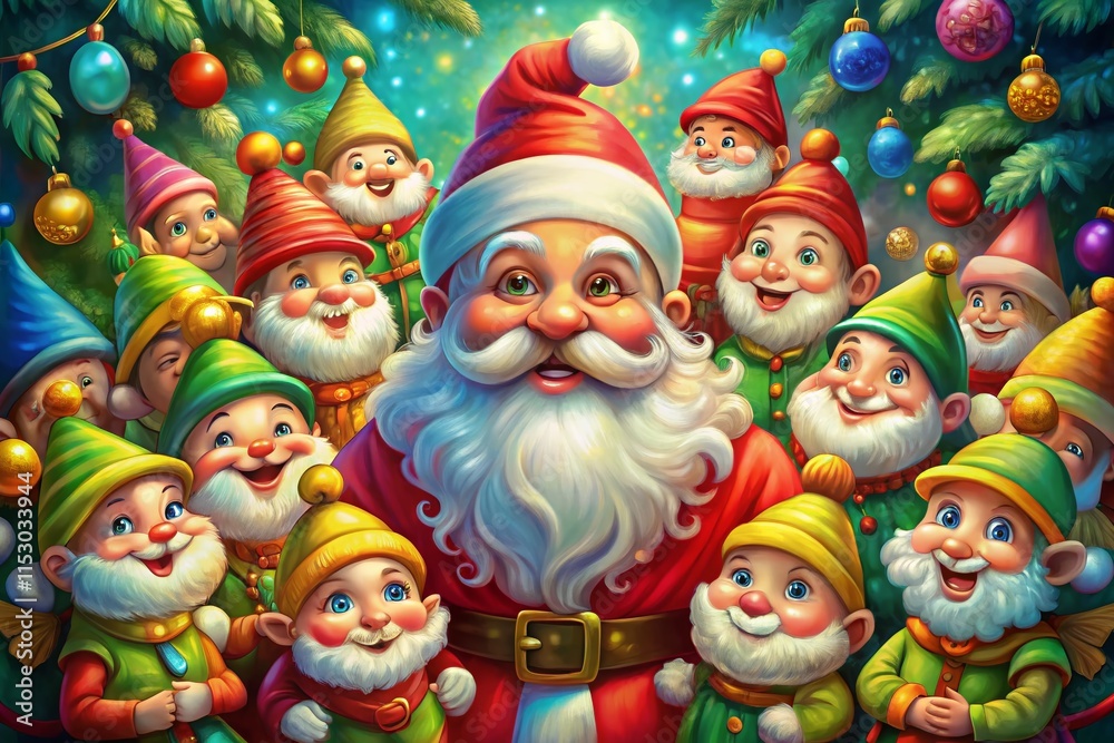 Cartoon Santa Claus with Merry Dwarves Festive Christmas Illustration Cartoon Santa Claus with Merry Dwarves Festive Christmas Illustration