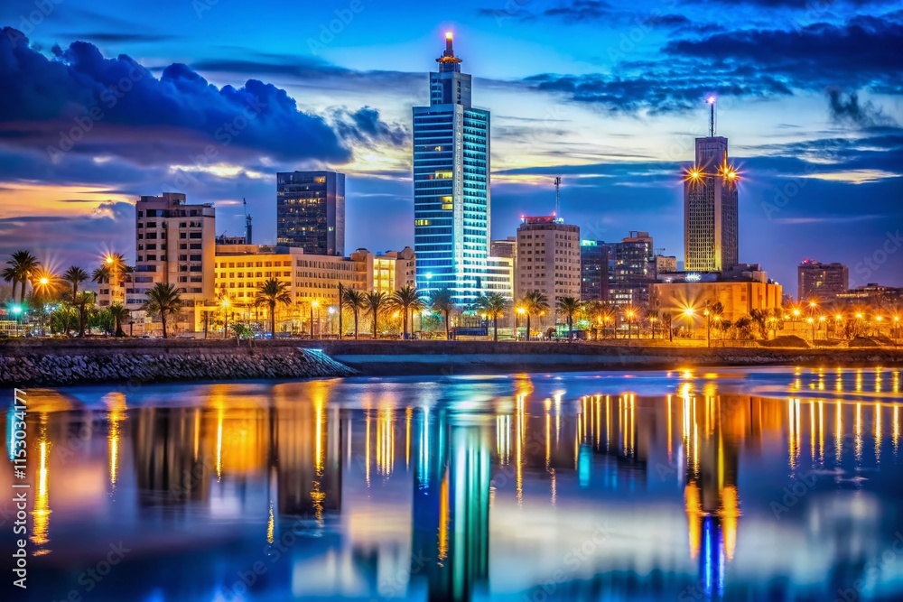 Fototapeta premium Casablanca Finance City Night Skyline, Morocco - Modern Architecture, African Business District