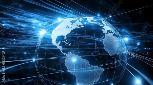 Abstract illustration of a digital global network with showcasing worldwide connectivity.