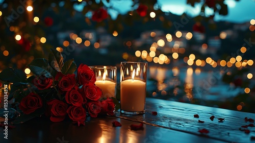 A romantic dinner for two with candles and red roses overlooking a cityscape Stock Photo with side copy space photo