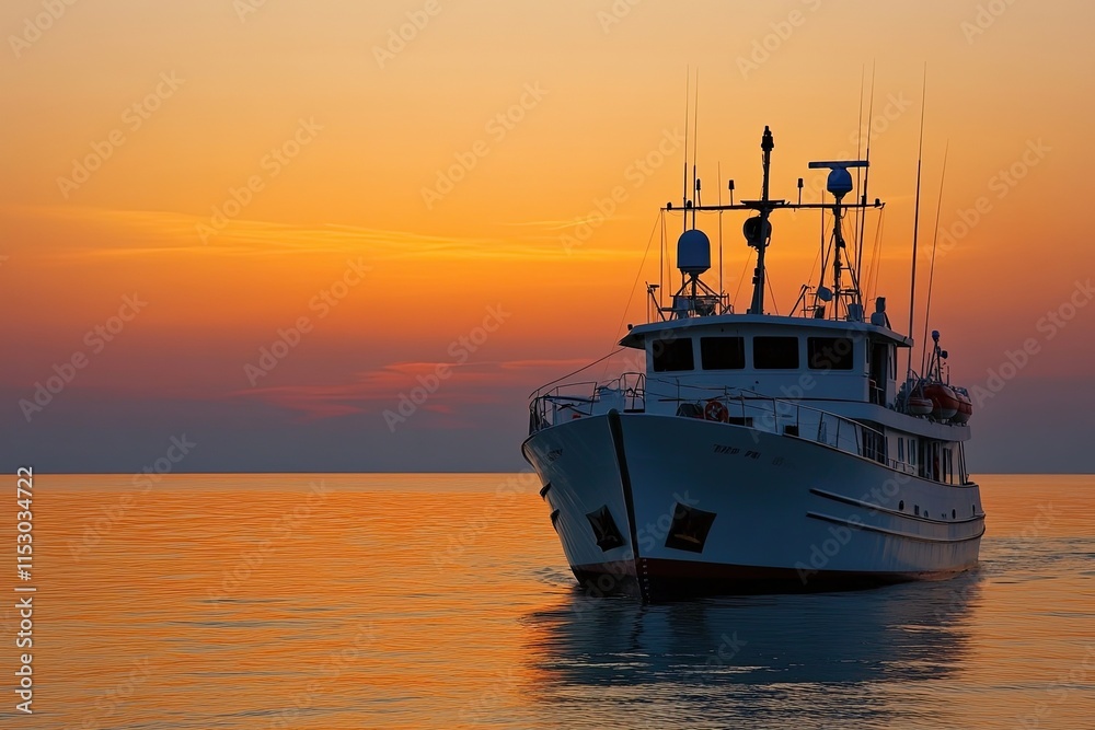 Fototapeta premium Boat anchored at sunset on calm water.