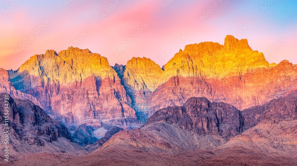 Naklejka premium Vibrant Sunset Hues Over Majestic Desert Mountains