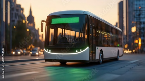 A modern city bus traveling through a metropolitan area at sunset, showcasing urban transportation in action.
