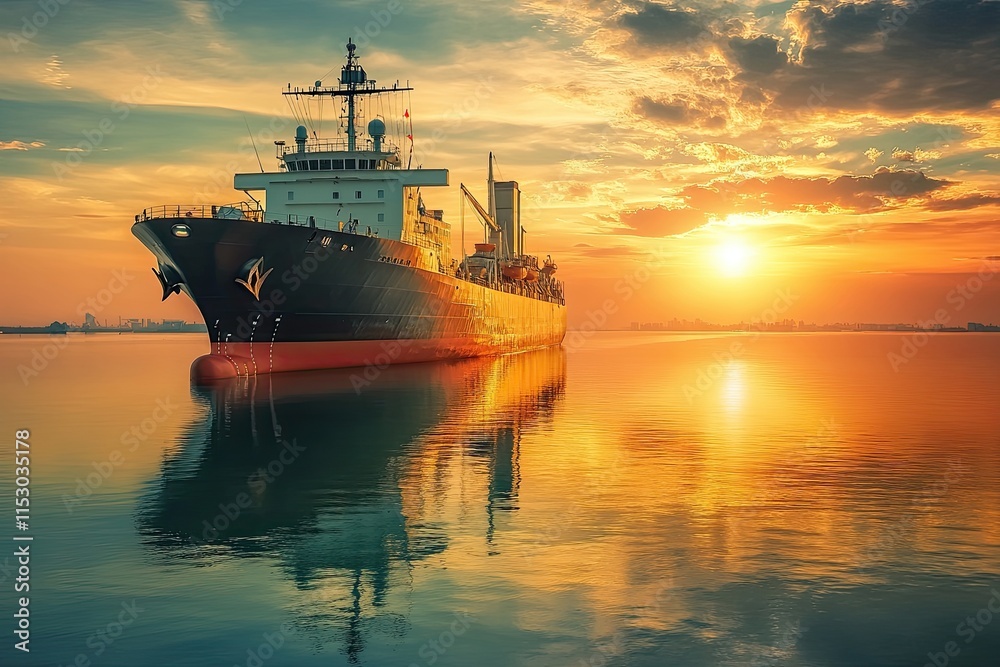 Cargo ship anchored at sunset reflecting on calm waters. Cargo ship anchored at sunset reflecting on calm waters.
