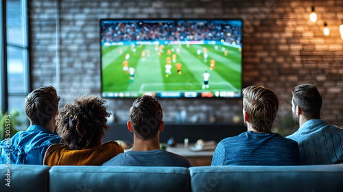 Friends Watching Soccer Match on Large Screen TV in Loft Apartment photo