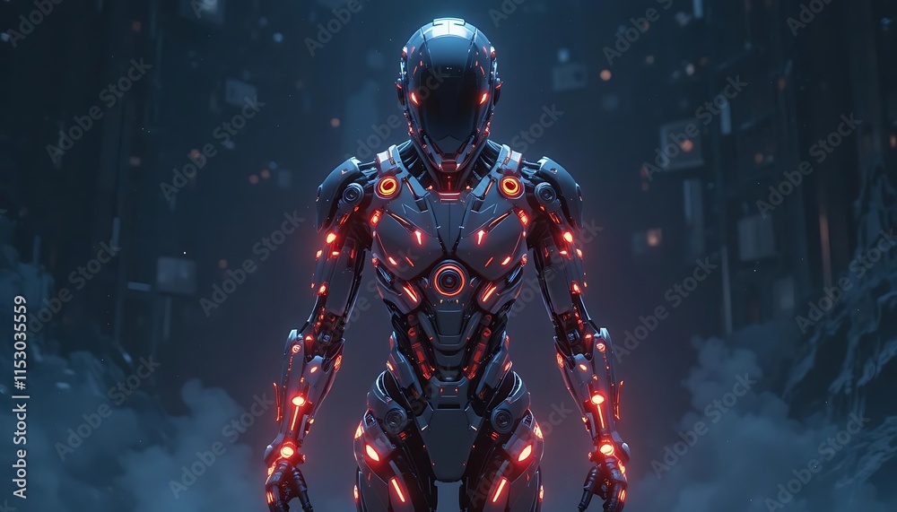 Fototapeta premium Advanced Robotic Figure Stands in a Futuristic Setting