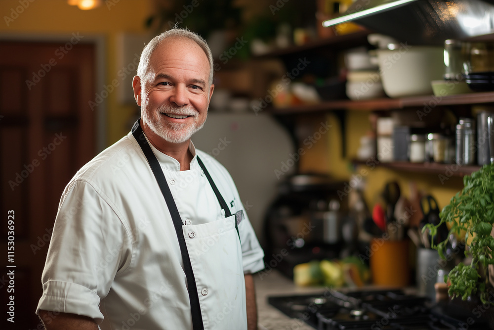 man in a chef's uniform stands in a kitchen with a smile on his face. He is wearing a white apron and a black apron. The kitchen is well-stocked with various items, including a bowl, a spoon man in a chef's uniform stands in a kitchen with a smile on his face. He is wearing a white apron and a black apron. The kitchen is well-stocked with various items, including a bowl, a spoon