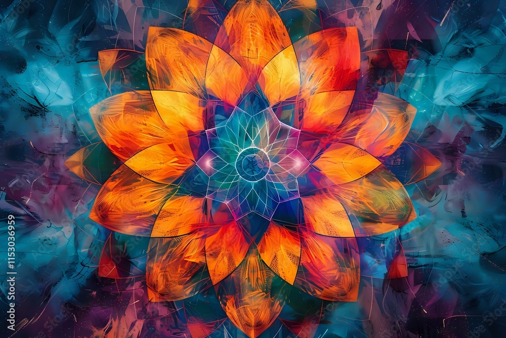 Obraz premium Vibrant Abstract Flower Mandala: Digital Art Explores Color and Form with Intricate Details and Dynamic Composition, Showcasing a Kaleidoscope of Hues in a Stunning Visual Symphony.