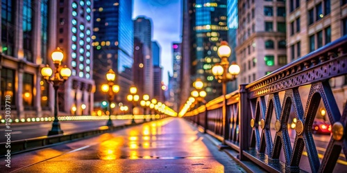 Chicago Wells Street Bridge Sidewalk at Dusk - Bokeh Lights & Cityscape
