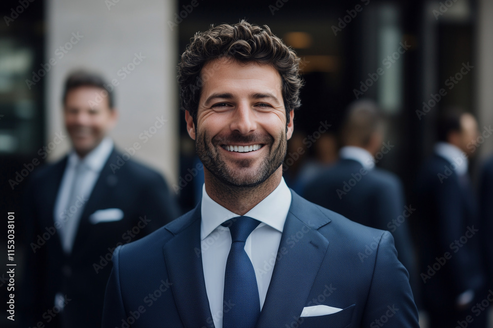 man in a suit and tie is smiling and looking at the camera. He is wearing a blue suit and a blue tie