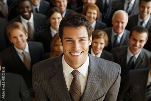 group of people in suits and ties are smiling and posing for a photo. Scene is happy and professional