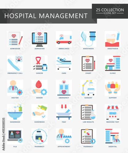 Hospital management flat color icons set. contain calendar, appointment, doctor, nurse, diagnostic, clinic and more. Vector EPS 10 for print, digital UI, UX kit, web and app for business management