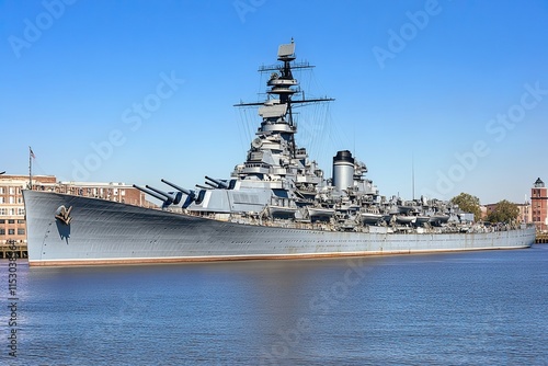 Historic battleship docked by the waterfront. photo