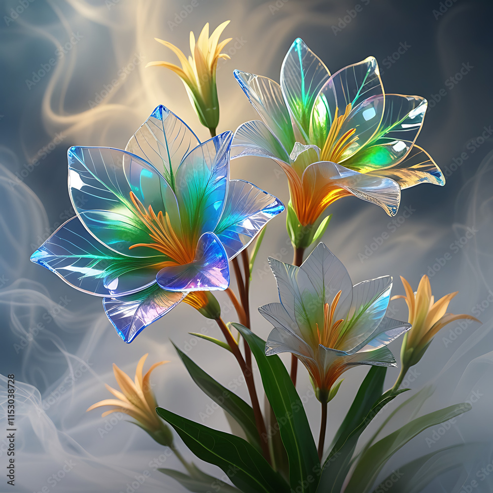 Fototapeta premium A beautiful spectrum of Alstroemerias flowers with delicate, translucent petals illuminated by soft light. Created with generative AI
