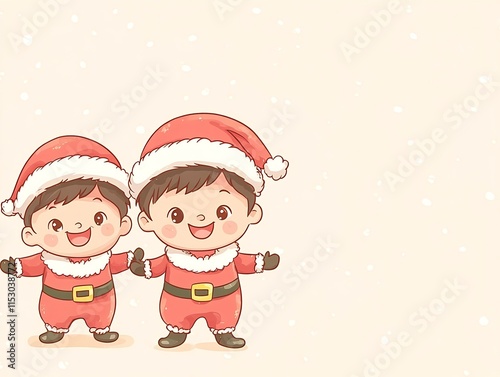 Cheerful Boys in Santa Costumes on Pastel Holiday Background