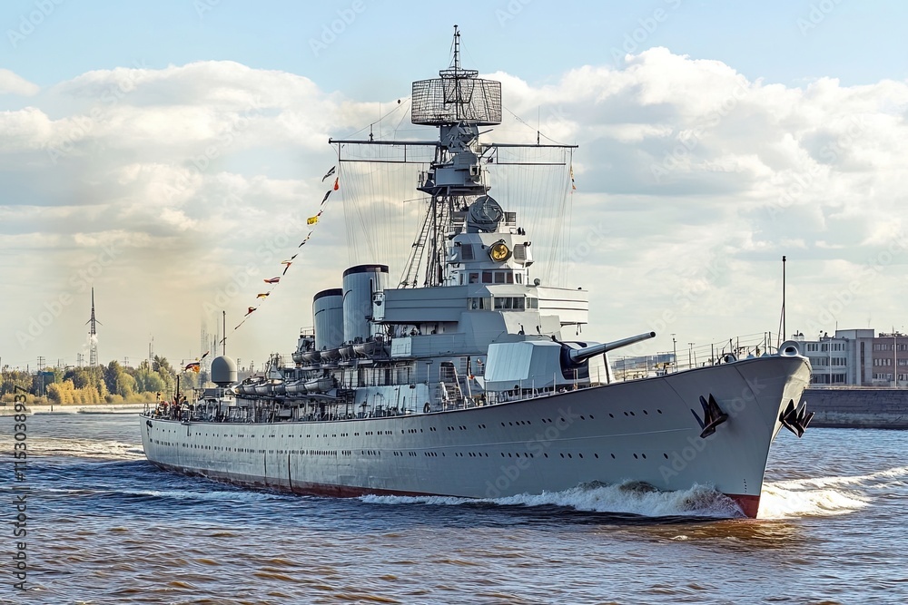 Historic battleship sailing on a river. Historic battleship sailing on a river.