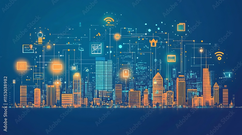 Fototapeta premium Futuristic Smart City illustration with showcasing interconnected buildings digital network.