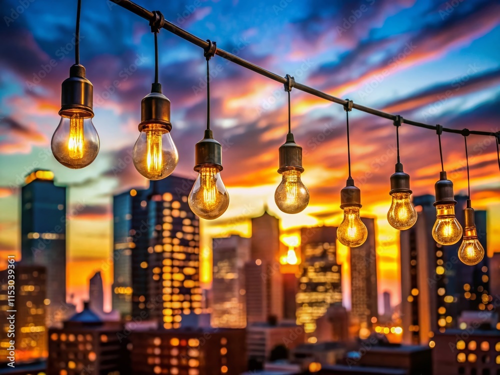 Obraz premium City Dusk Skyline with Illuminated Hanging Lights: Copy Space Left