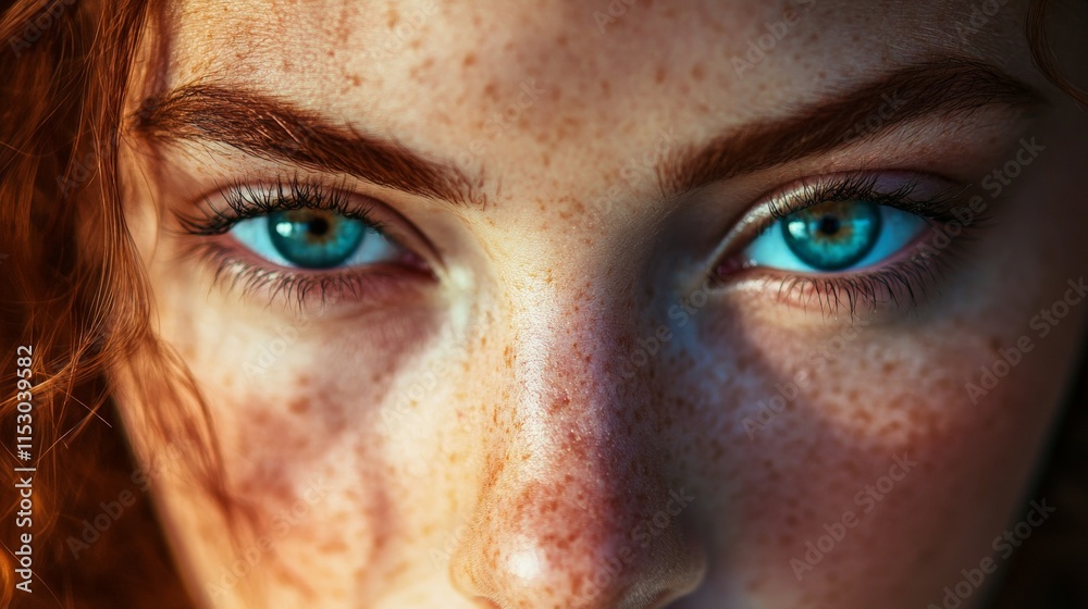 Close up of blue eyes with freckles. Concept of beauty, confidence, and intensity. Close up of blue eyes with freckles. Concept of beauty, confidence, and intensity.