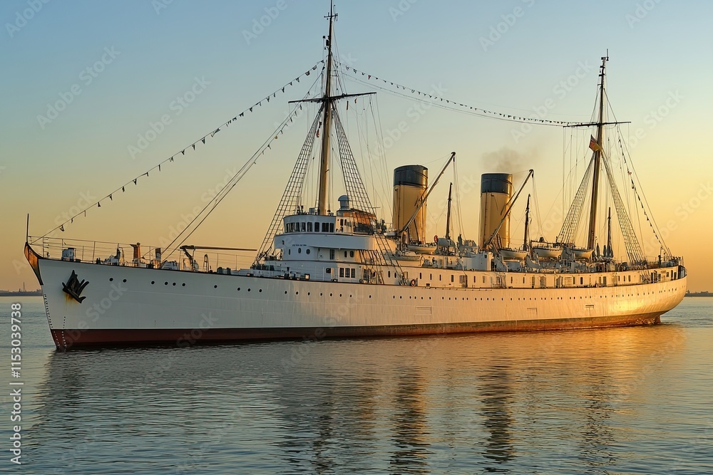 Obraz premium Historic ship docked at sunset, reflecting on water.