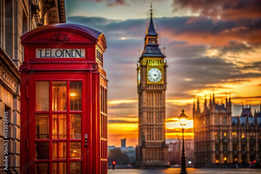 Obraz premium Classic London: Red Telephone Booth and Big Ben at Dawn